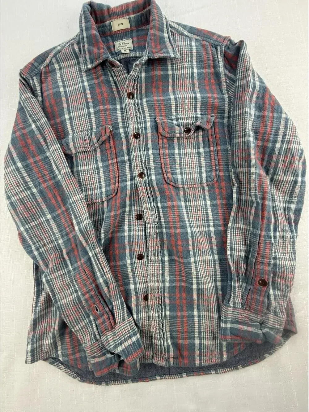 J Crew Slim Fit Plaid Flannel Shirt Jacket Mens Medium Blue Red Button Front